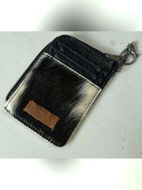 Wrangler Black and White Cowhide Zip Card Wallet with Brown Logo Patch